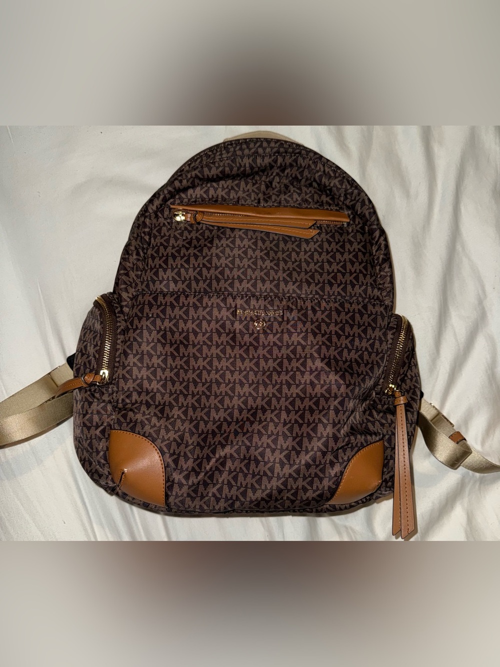 Michael Kors Brown Monogram Backpack with Tan Trim